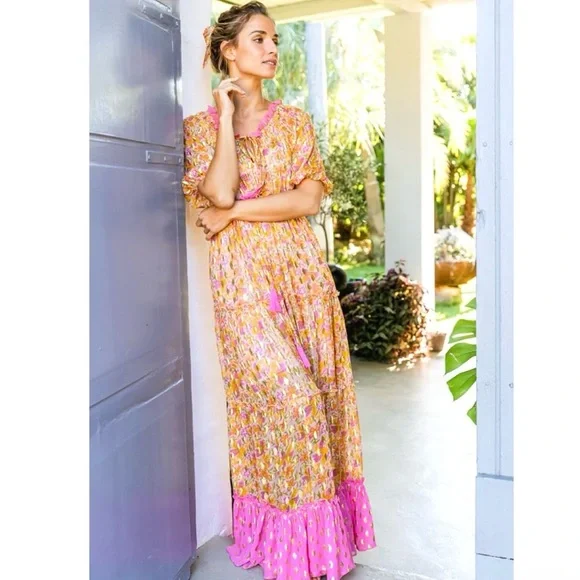 Miss June Paris Sally maxi dress, one size pink orange gold - Picture 6 of 11